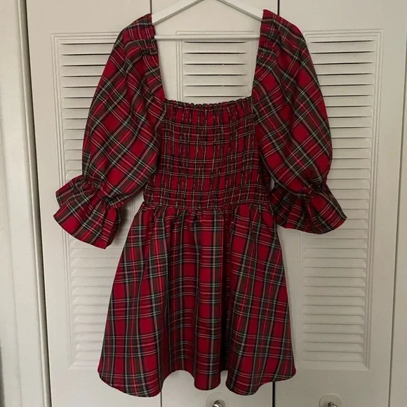 Plaid Red Christmas Dress Puff Sleeve - Picture 5 of 6